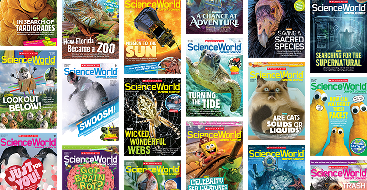 Collage of Science World magazine covers featuring science topics for students