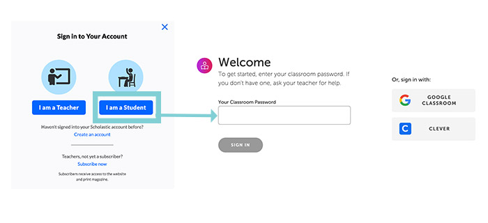 student login screen showing option for classroom password