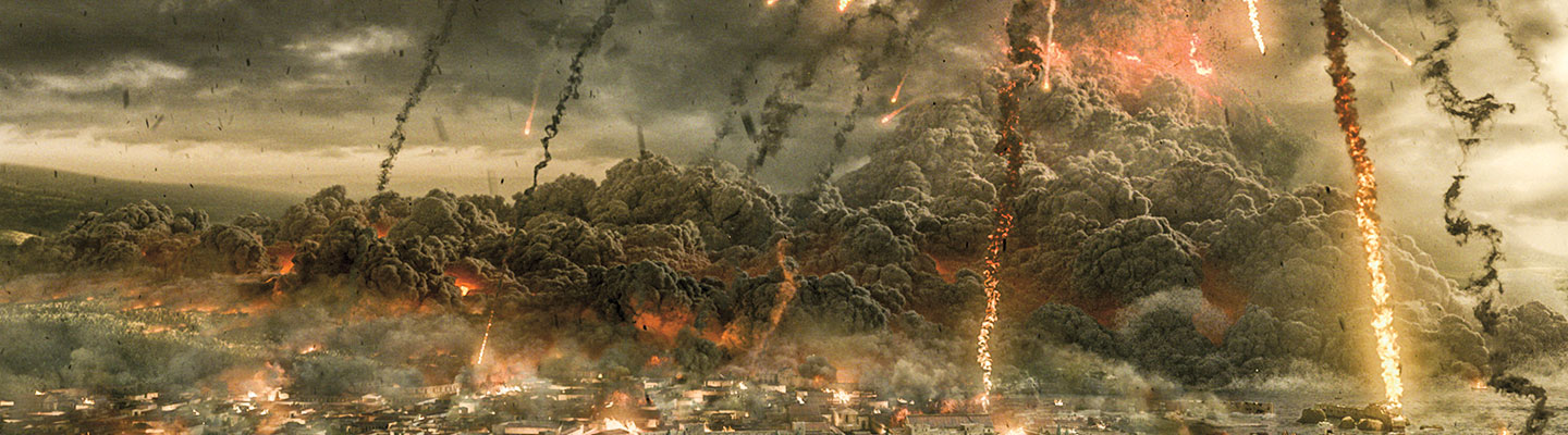 An illustration of a volcanic eruption destroying a city