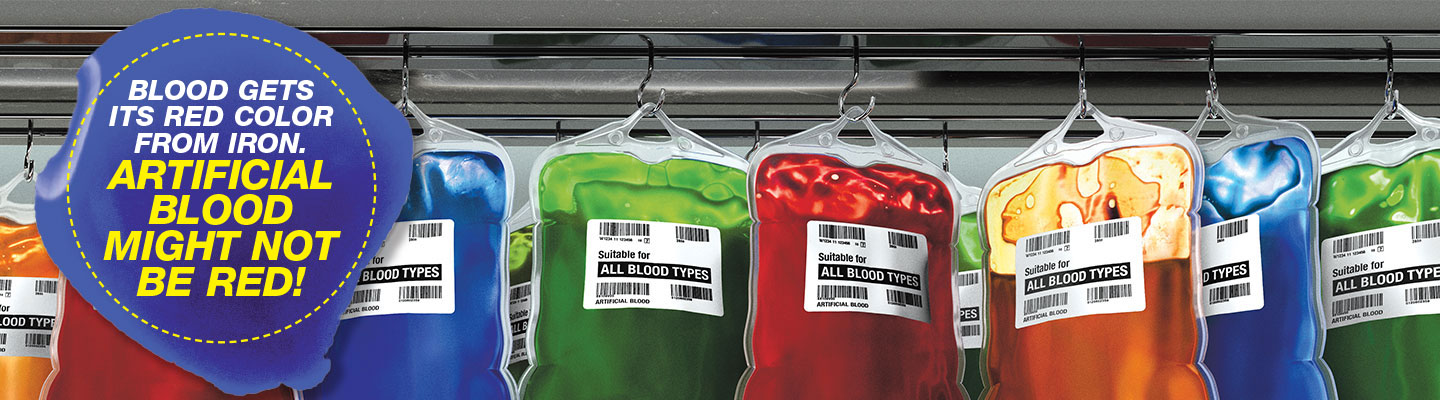 Blood bags contain liquids of various colors.
