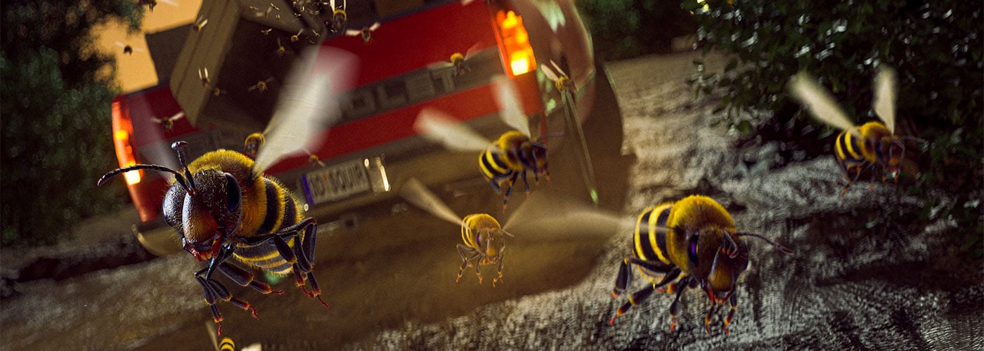 An up-close image of honey bees flying out of the back of a pick-up truck