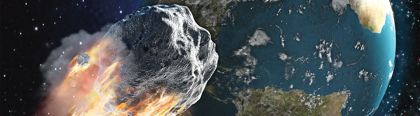 A huge flaming asteroid streaking past earth