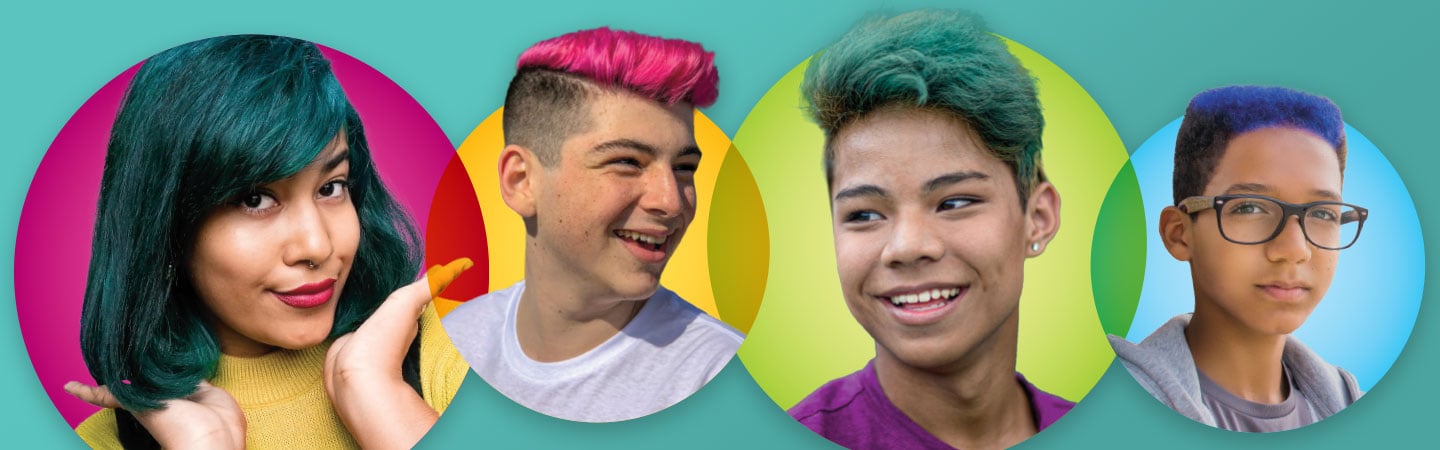 A girl and three boys with green, pink, and blue hair