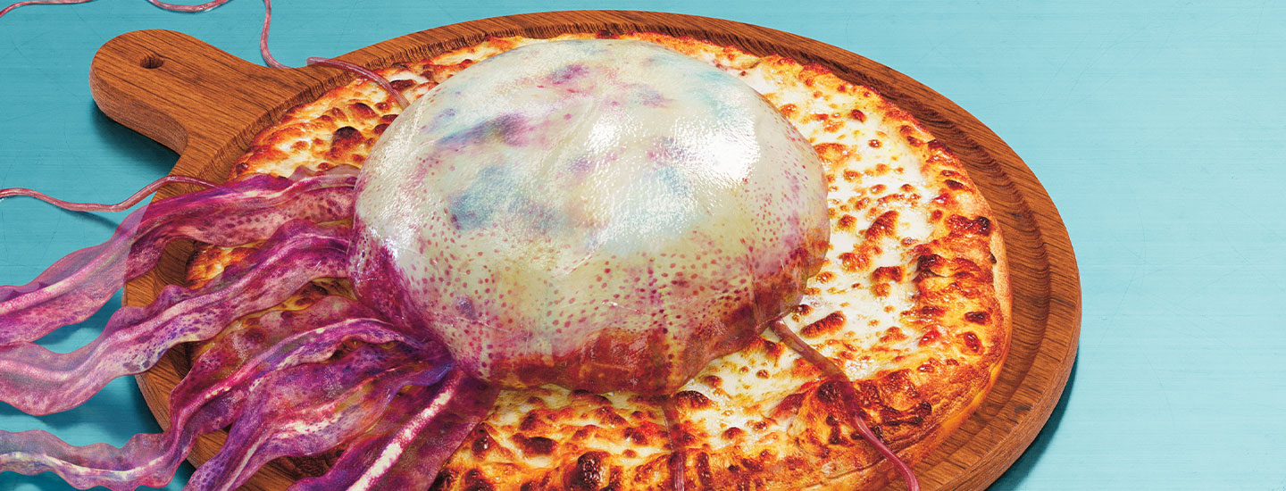 Digital illustration of a jellyfish on a pizza