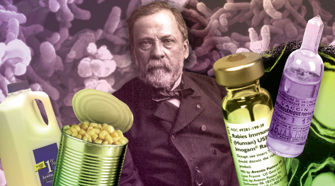 Image of Louis Pasteur against backdrop of microbes with milk and canned corn