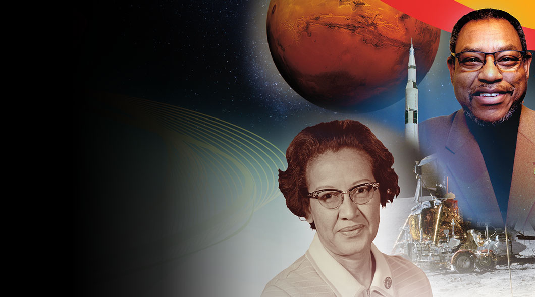 Image of Katherine Johnson and Derrick Pitts along with Mars and a rocket launch
