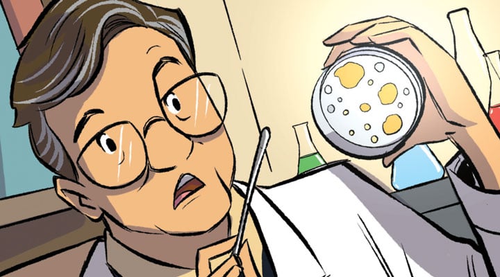 Illustration of a stunned scientist holding a petri dish