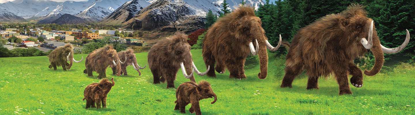 Digital illustration of a group of mammoths of all ages walking