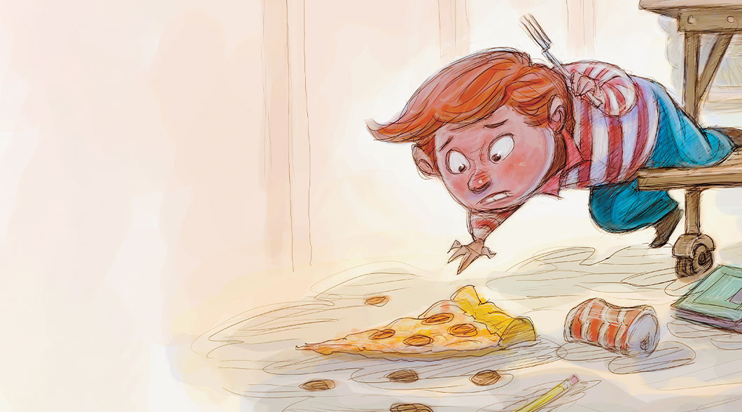 Illustration of a kid thinking about picking a slice of pizza off the floor