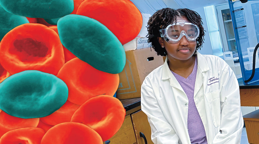 Image of red blood cells and sickle cells and image of a teen in a lab coat