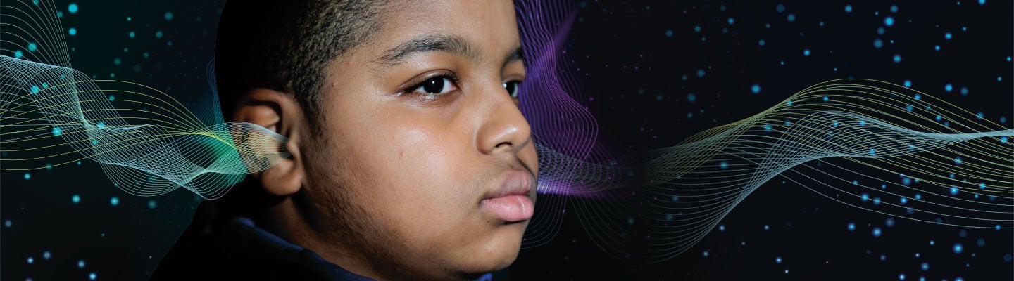 Image of kid with soundwaves emitting from ears