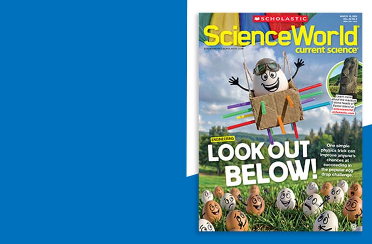 Cover of ScienceWorld, with cartoon eggs looking up at an egg flying with colorful straws