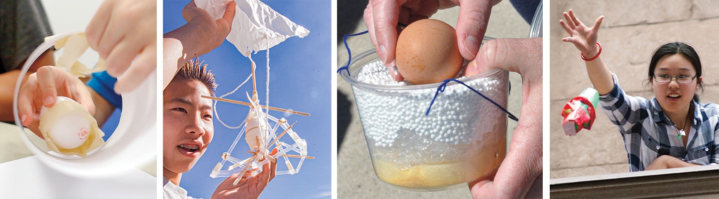 Hands placing a peeled hard-boiled egg into a bowl, hands holding a parachute model, hands lowering an egg into a container with foam beads, girl with glasses holding a decorated egg and waving