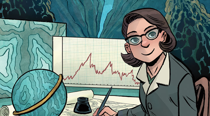 A woman in glasses points to a graph showing a line chart with peaks and valleys