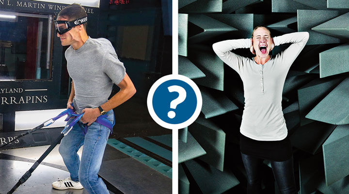 Two people in different sensory environments, one with vision blocked and one covering their ears