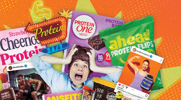 A person reacts with overwhelm surrounded by protein-branded food products and social media ads