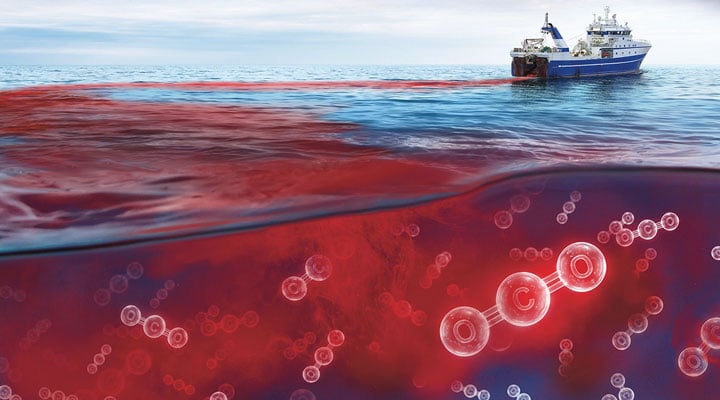 A ship releases CO2 molecules into the ocean in a split above and below water view