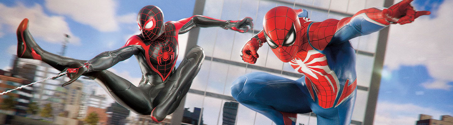 Miles Morales and Peter Parker swing together above a city skyline