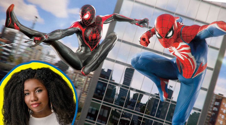 Two Spider-Man characters swing between buildings as a girl appears in a circular inset
