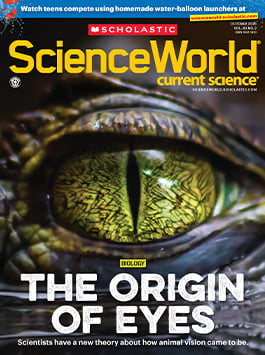 Cover of Scholastic Science World, a close-up of a reptile eye with the title The Origin of Eyes