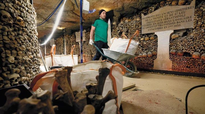 A worker pushes a wheelbarrow through the Paris Catacombs, surrounded by walls of skulls and bones