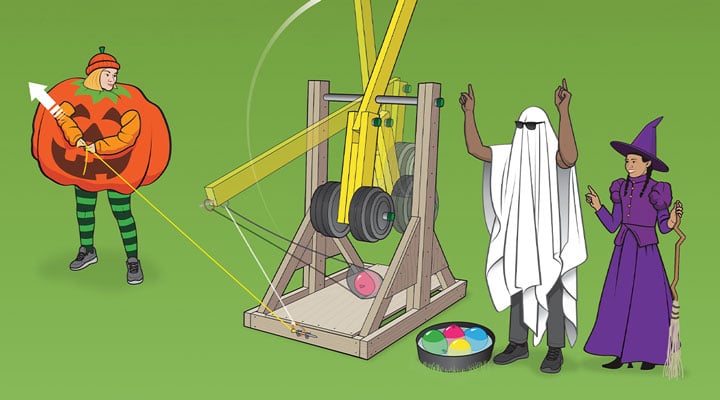 Three children in Halloween costumes use a trebuchet to launch a projectile