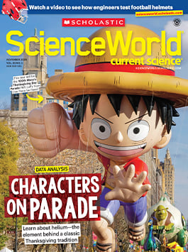 Cover of Science World magazine, a large cartoon character balloon floats in a parade