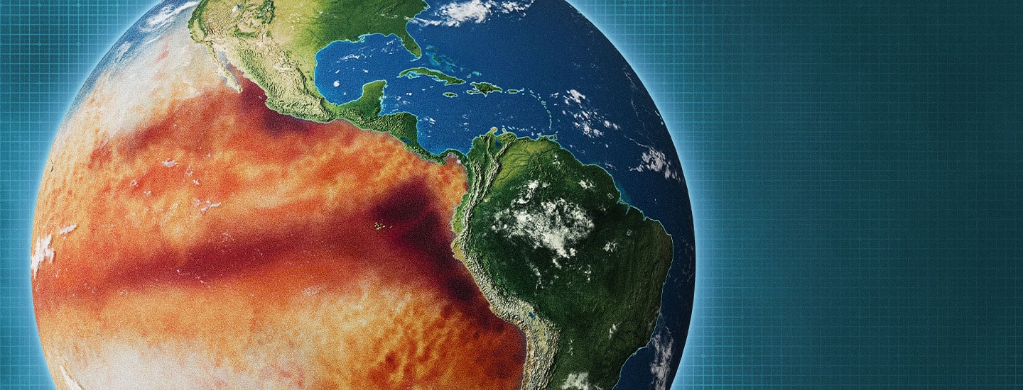 A map shows the globe with the Americas & a band of red & orange warm water across the Pacific