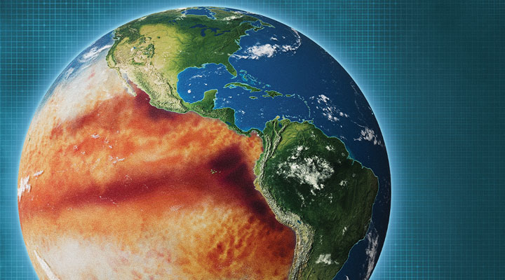 A map shows a band of red & orange warm water across the Pacific Ocean west of the Americas