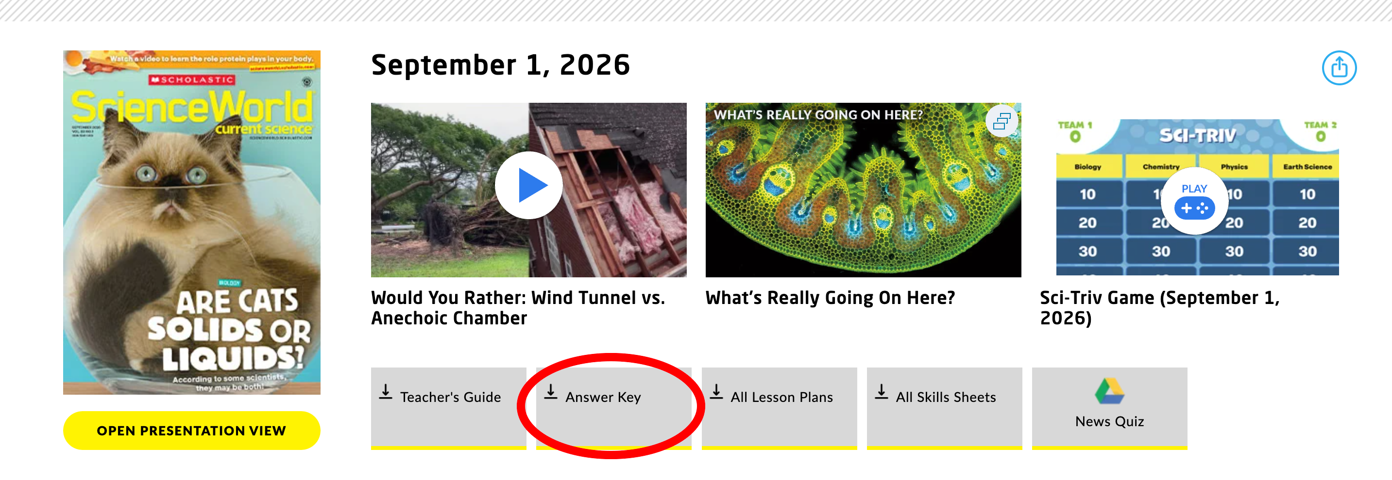 Cover of Scholastic Science World, September 1, 2026, with a cat inside a glass bowl